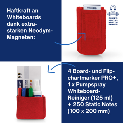 Roter Stiftehalter aus Filz mit integrierten Neodym-Magneten und gefülltem Inhalt.
