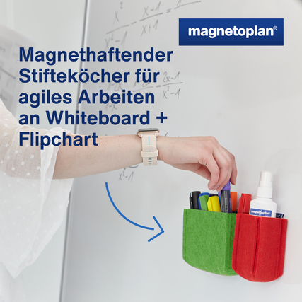 Grüner Stiftehalter aus Filz mit integrierten Neodym-Magneten, befestigt an einem Whiteboard.