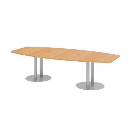 Konferenztisch mit ovaler Holzplatte und zwei runden Metallfüßen sowie zwei Kabelauslassdosen.