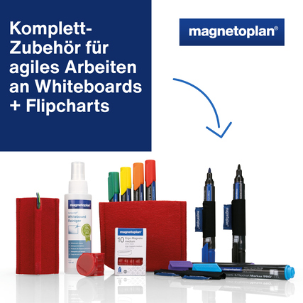Starterset mit Zubehör für Whiteboards und Flipcharts in rot und blau auf weißem Hintergrund.