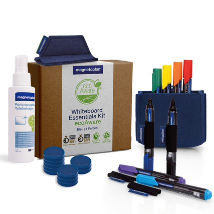 Whiteboard Essentials Kit mit Reinigungsmittel, Markern und Zubehör in einer Kartonverpackung.