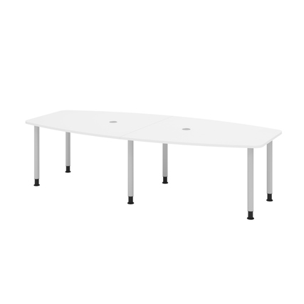 Konferenztisch mit runder Kante und zwei Kabeldurchlässen in Weiß und Silber.