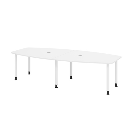 Weißer Konferenztisch mit Duo-Kante und zwei Kabeldurchlassdosen in der Mitte.