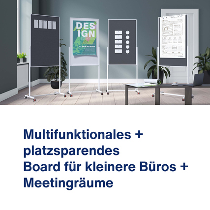 Multifunktionstafel mit Schreibtafel und Filzoberfläche, auf mobilen Stellfüßen in einem Büro.