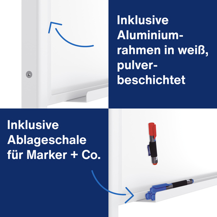 Multifunktionstafel mit weißer magnetischer Schreibfläche und blauer Filzoberfläche.