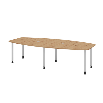 Konferenztisch in silber mit einer Fläche aus astfeinem Holz und zwei Kabeldurchlassdosen.