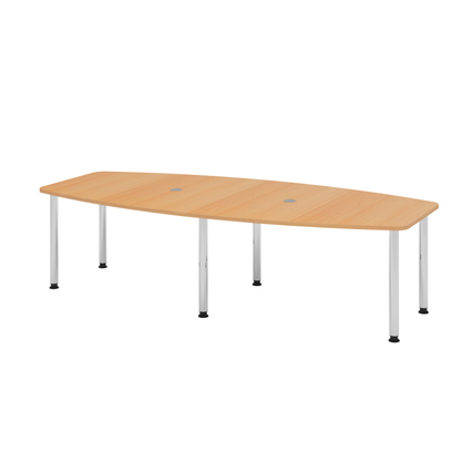 Konferenztisch mit verchromten Stahlbeinen und hellen, gebräunten Holzoberflächen.