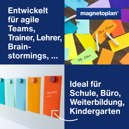 Verschiedene farbige Moderationskarten auf einer Tischoberfläche und einer Wandmitte angebracht.