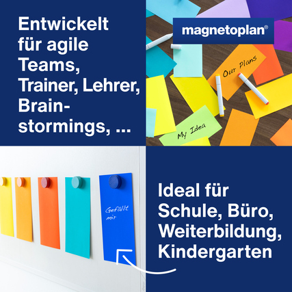 Bunte Moderationskarten in verschiedenen Farben, angeordnet auf einer Wand und einem Tisch.