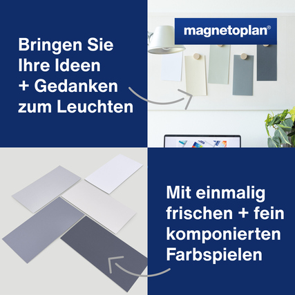 Graue Moderationskarten in unterschiedlichen Farbtönen an einer Wand und auf einem Tisch liegend.