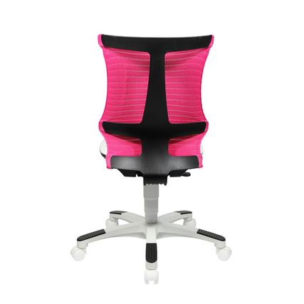 Rückansicht eines ergonomischen weißen Kinderdrehstuhls mit rosa Netzrückenlehne.