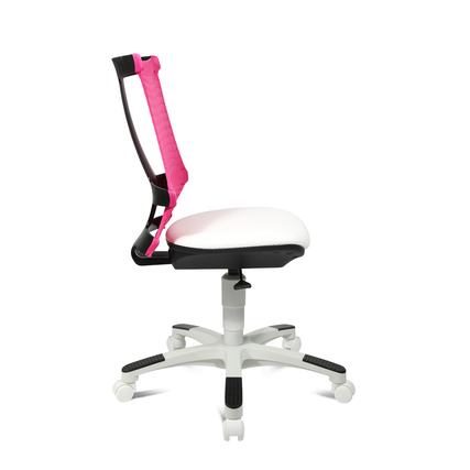Kinderdrehstuhl in Weiß mit rosa Rückenlehne, seitliche Ansicht.