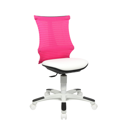 Weißer Kinderdrehstuhl mit rosa Rückenlehne und drehbarem Fußkreuz, für ergonomisches Sitzen.