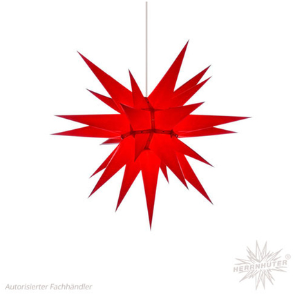 Roter Herrnhuter Stern aus Papier mit spitzen Zacken, hängend, Durchmesser 60 cm.