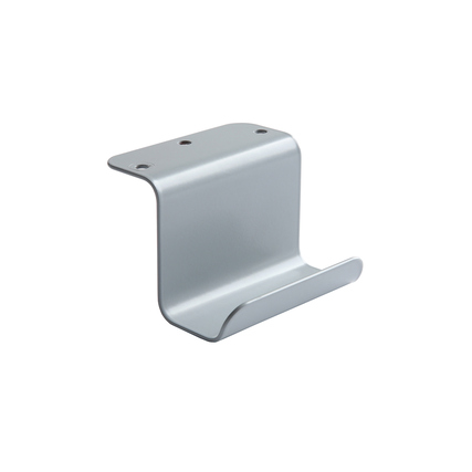 Silberner Rucksackhaken aus Metall zur Montage an einem Schreibtisch.