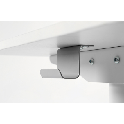 Grau lackierter Schreibtischhaken, montiert unter einer Tischplatte.