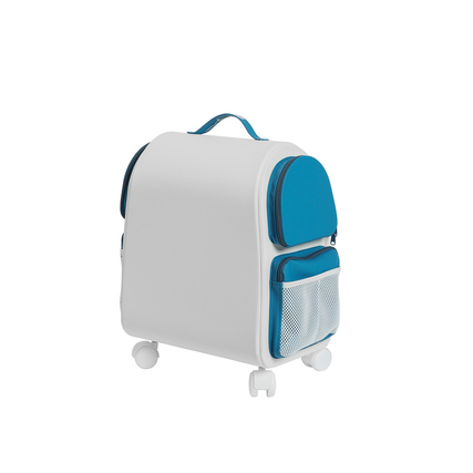 Container in petrolblau mit Rollen und zwei Fächern, eine Netzseite.