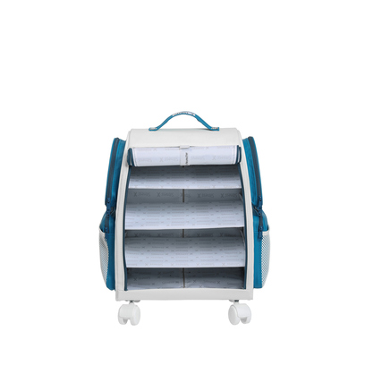 Zubehör Container in petrolblau mit sechs Fächern und ungebremsten Rollen.