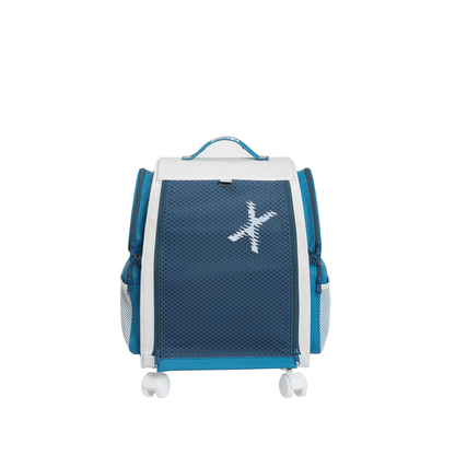 Petrolblauer Schreibtischcontainer mit Rollen und Netzoberfläche.