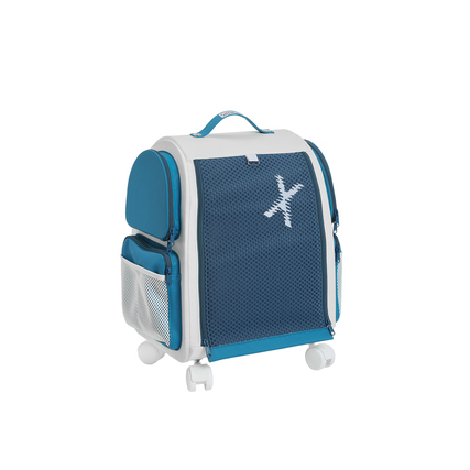 Petrolblauer Container mit Rollen und Netzfront für den Schreibtisch.