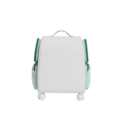 Mintgrüner Schreibtischcontainer mit Rollen und seitlichen Fächern, Seitenansicht.