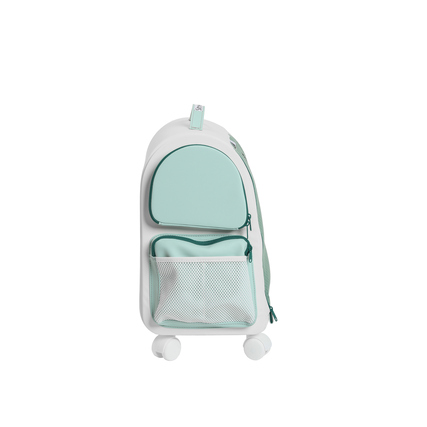 Mintgrüner Schreibtisch Container mit Rollen und verschiedenen Fächern, seitliche Ansicht.