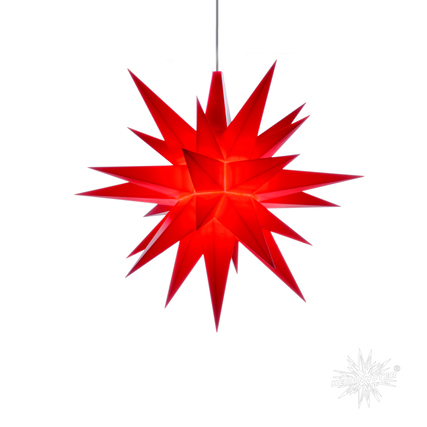 Roter, stacheliger Stern aus Kunststoff, hängend, mit 13 cm Durchmesser.