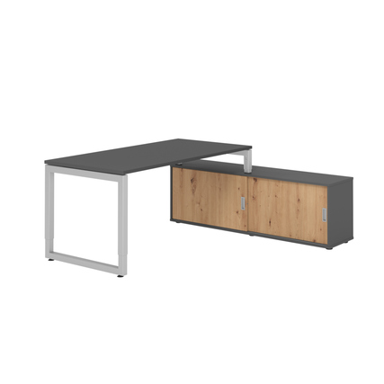 Schreibtischkombination mit graphitfarbener Tischplatte und Sideboard in Asteiche.