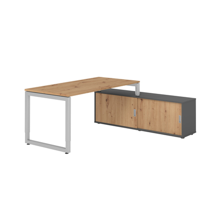 Schreibtischkombination mit schwebender Tischplatte, Sideboard und höhenverstellbarem Gestell.