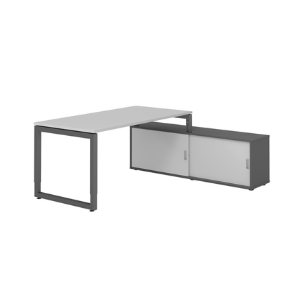 Höhenverstellbare Schreibtischkombination mit grauer Tischplatte und graphitfarbenem Korpus.