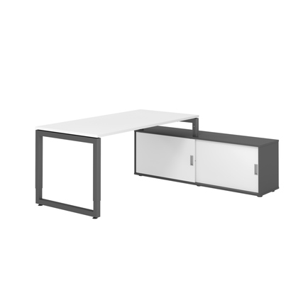 Schreibtischkombination mit schwebender weißer Tischplatte und graphitfarbenem Korpus und Gestell.