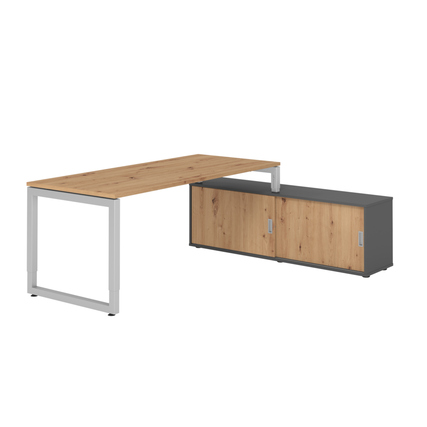 Schreibtischkombination mit schwebender Tischplatte in Asteiche und Graphit-Sideboard.