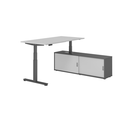 Schreibtischkombination mit grauer Tischplatte und graphitfarbenem Korpus und Gestell.