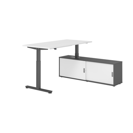 Schreibtischkombination mit weißer Tischplatte und graphitfarbenem Korpus und Gestell.