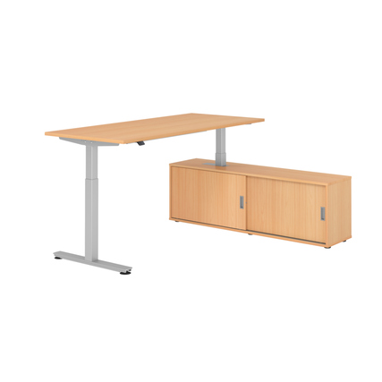 Schreibtischkombination aus Buche mit Tastschalter und Sideboard mit zwei Schiebetüren.