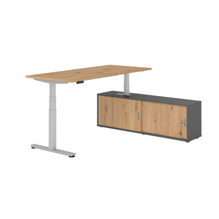 Hammerbacher Schreibtischkombination XDSM19 Maße: Schreibtisch: 1.800 x 630-1.270 x 800 mm, Sideboard: 1.600 x 520 x 400 mm (B x H x T) Spanplatte, melaminharzbeschichtet asteiche