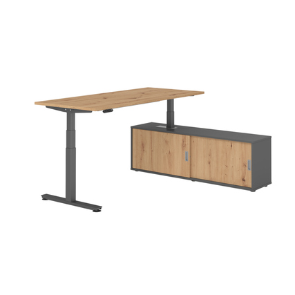 Schreibtischkombination in asteiche und graphit mit höhenverstellbarem Tisch und Schrank.