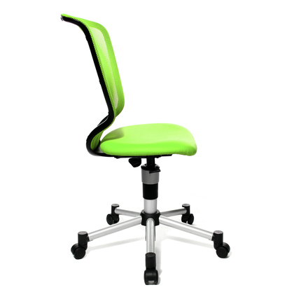 Grüner Kinderdrehstuhl mit ergonomischer Rückenlehne und stabilem Fußkreuz, seitliche Ansicht.