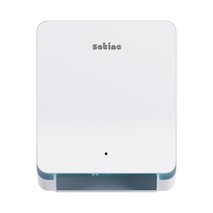 Handtuchspender in weiß mit berührungsloser Papierausgabe und minimalistischem Design.