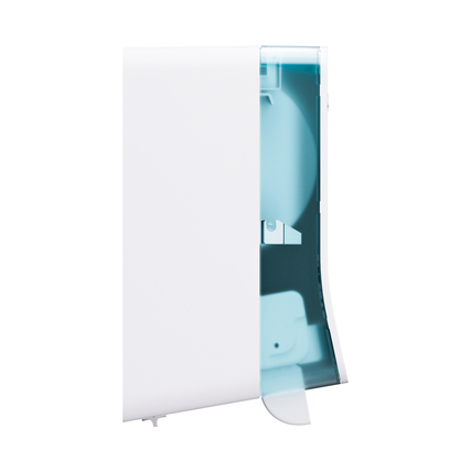 Handtuchspender in Weiß mit Sichtfenster und berührungsloser Papierausgabe.