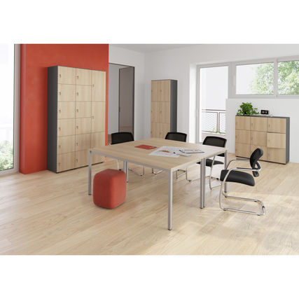 Schließfachschrank in einem modernen Büro mit Holz- und Graphit-Elementen.