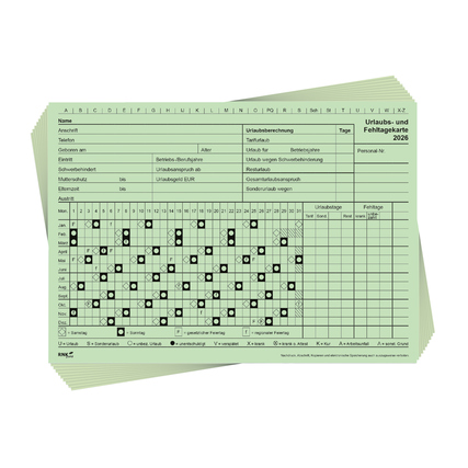 RNK Verlag Fehltagekarte 21 x 14,8 cm (B x H) 12 Monate/1 Seite Karton grün 10 St./Pack.