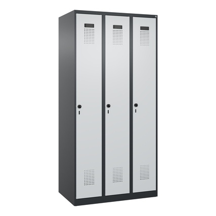 C+P Kleiderspind Evolo PLUS 900 x 1.850 x 500 mm (B x H x T) 3 Abteile Stahl Farbe der Front: lichtgrau Farbe des Korpus: schwarzgrau