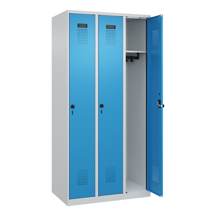 Dreiabteiliger Kleiderspind in lichtgrau mit blauen Türen und geöffneter rechter Tür.