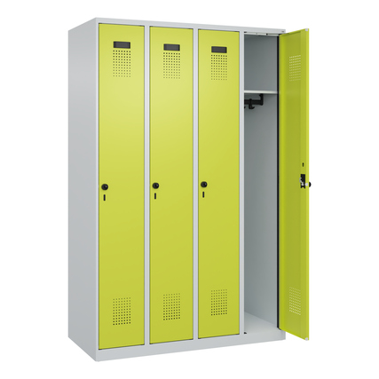 Kleiderschrank mit vier Abteilen in lichtgrau und clowngrün, eine Tür offen, innen leer.