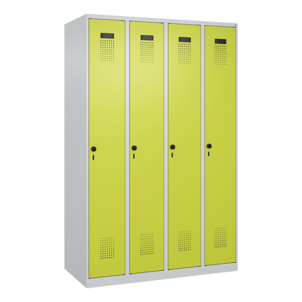 C+P Kleiderspind Evolo PLUS 1.200 x 1.850 x 500 mm (B x H x T) 4 Abteile Stahl Farbe der Front: clowngrün Farbe des Korpus: lichtgrau