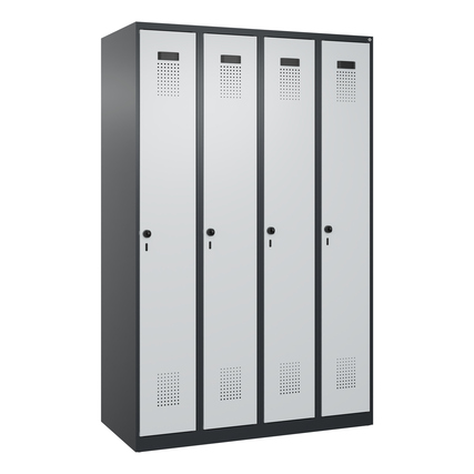 C+P Kleiderspind Evolo PLUS 1.200 x 1.850 x 500 mm (B x H x T) 4 Abteile Stahl Farbe der Front: lichtgrau Farbe des Korpus: schwarzgrau