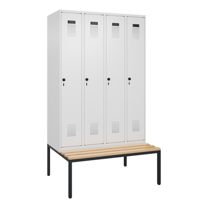 C+P Kleiderspind Evolo PLUS 1.200 x 2.120 x 815 mm (B x H x T) 4 Abteile Stahl/Buche-Hartholz Farbe der Front: verkehrsweiß Farbe des Korpus: verkehrsweiß