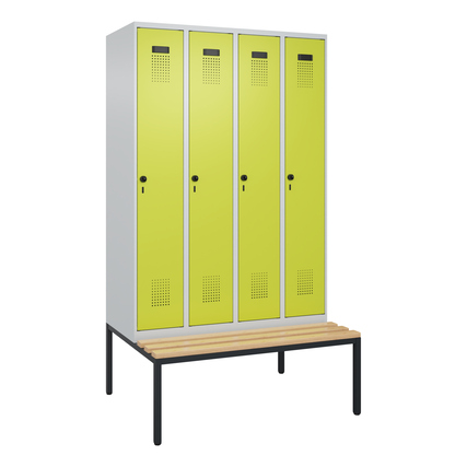 C+P Kleiderspind Evolo PLUS 1.200 x 2.120 x 815 mm (B x H x T) 4 Abteile Stahl/Buche-Hartholz Farbe der Front: clowngrün Farbe des Korpus: lichtgrau