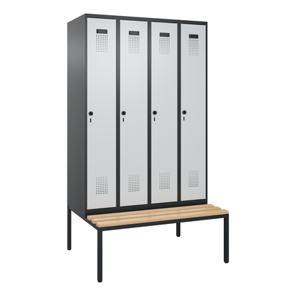 C+P Kleiderspind Evolo PLUS 1.200 x 2.120 x 815 mm (B x H x T) 4 Abteile Stahl/Buche-Hartholz Farbe der Front: lichtgrau Farbe des Korpus: schwarzgrau